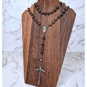 Vintage Italy Rosary Necklace Silver Tone Rose Bud Beads Crucifix 45 Inch Long
